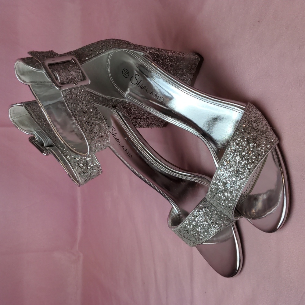 Shoe Land Silver Glitter Sparkly Open Toe Ankle Strap No Rumors Heels size 10